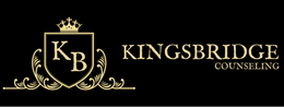 Gold KB monogram with crown and ornate flourishes beside &ldquo;KINGSBRIDGE COUNSELING&rdquo; on black background