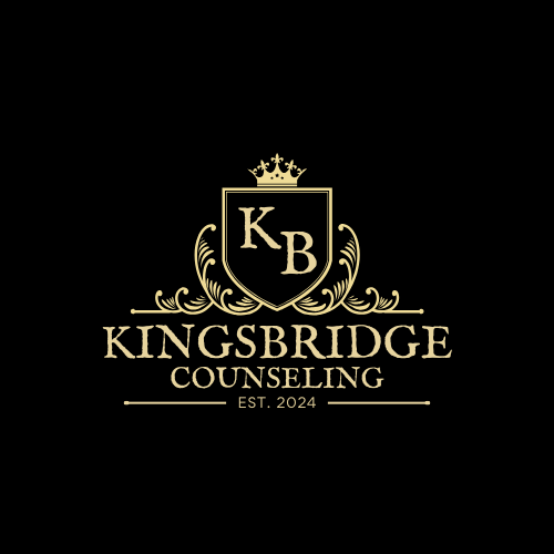 Gold KB crest logo for Kingsbridge Counseling with laurel accents and “EST. 2024” on black background