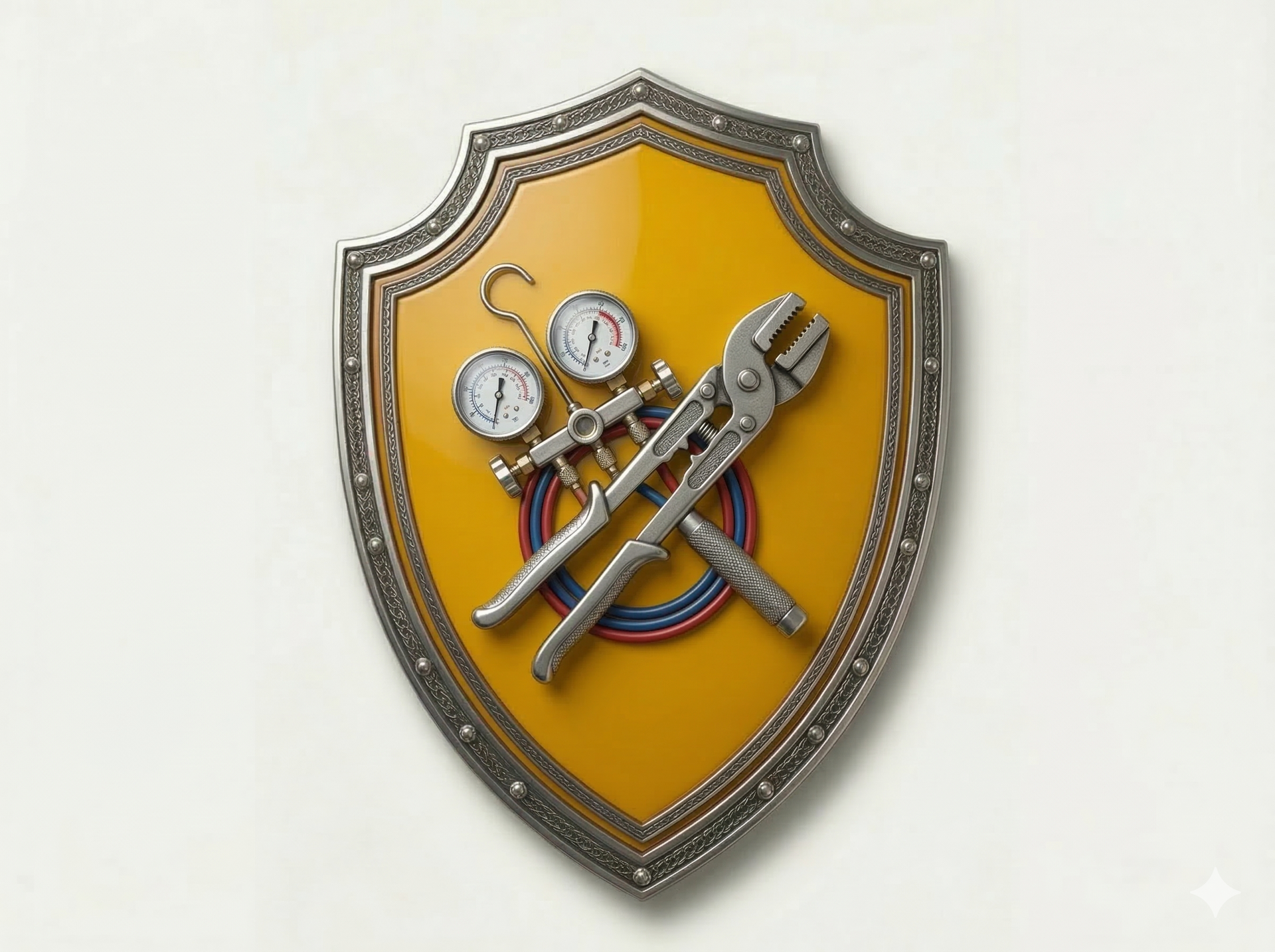 Shield emblem with crossed tools and gauges on a yellow background