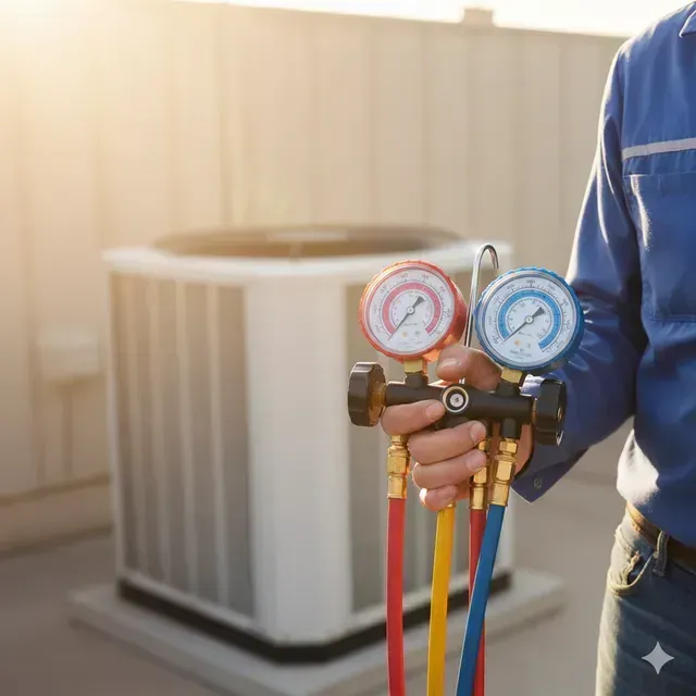 Person holding HVAC manifold gauges with red, blue, and yellow hoses beside an outdoor unit