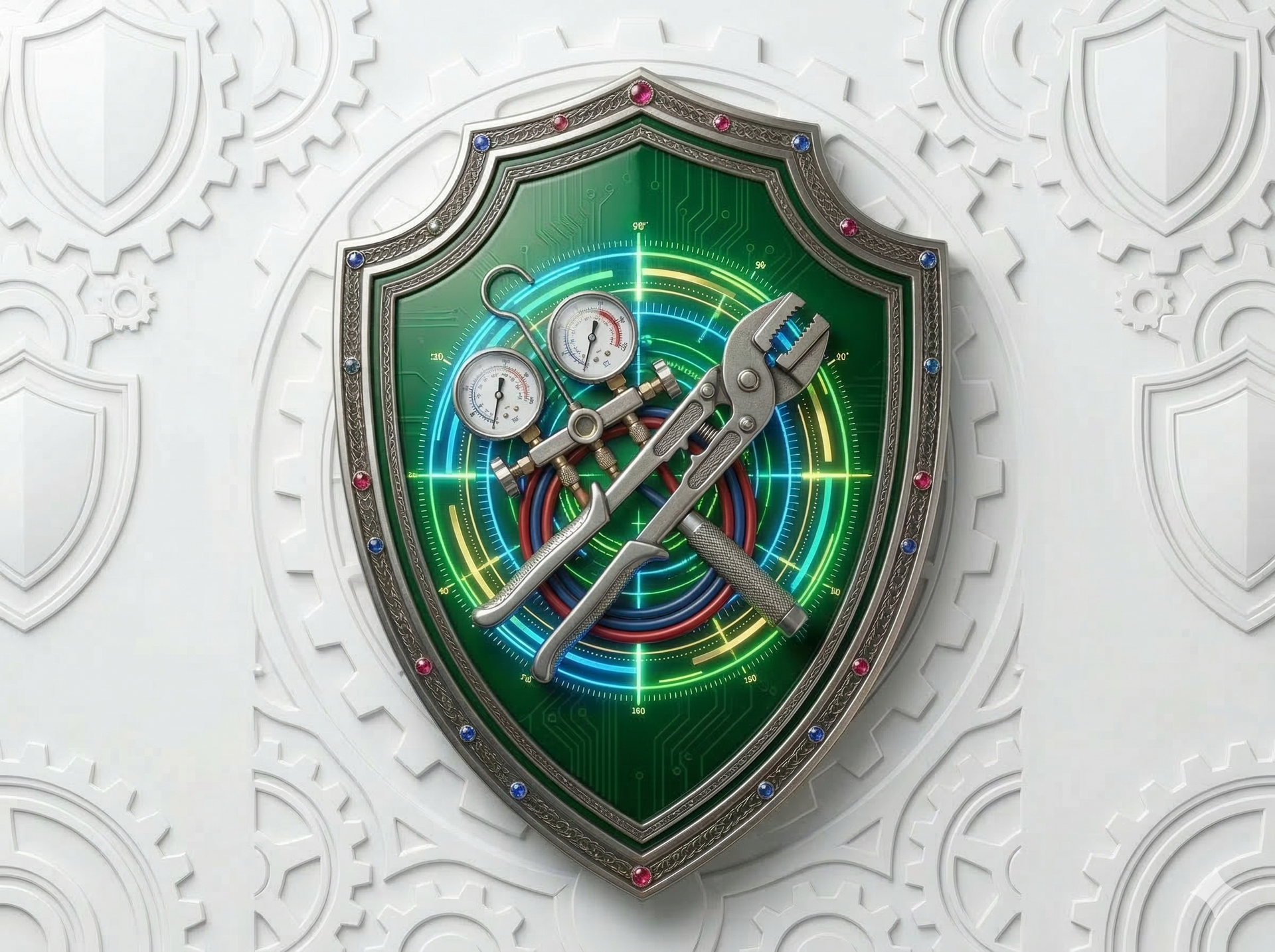 Green shield emblem with gauges and crossed tools on a white textured background