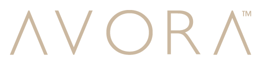 AVORA logo in light gold letters on a white background