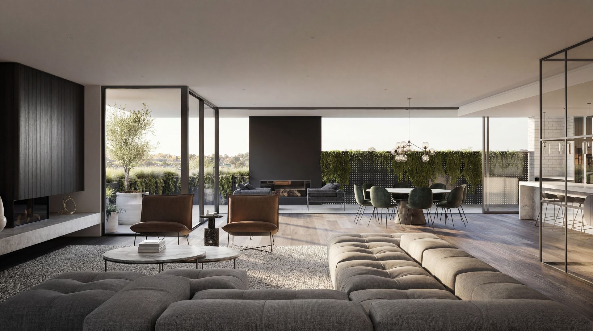 Modern minimalist living room with large glass walls, neutral sofas, and a view of greenery outside