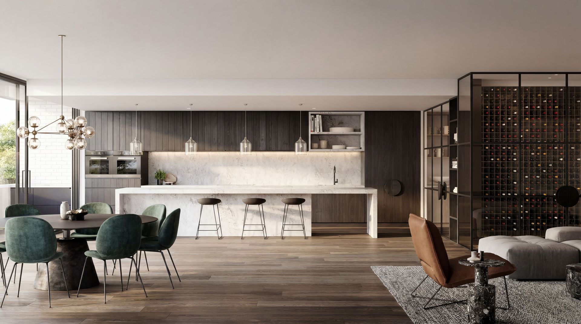 Modern open-plan kitchen and dining room with dark cabinets, white island, teal chairs, and wood flooring