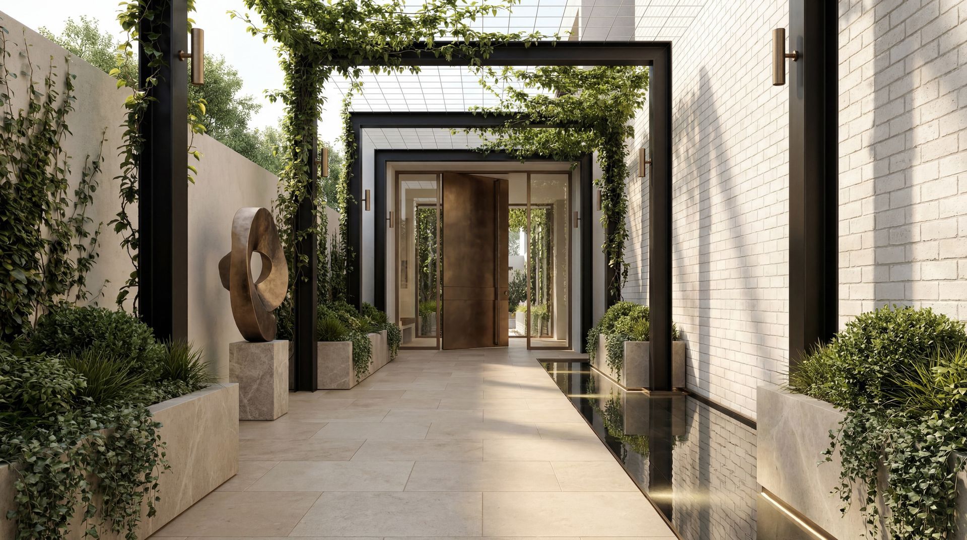 Modern outdoor walkway with stone paving, vine-covered arches, potted plants, and white brick walls