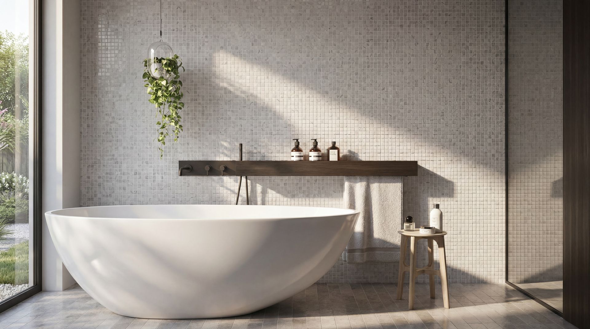 Modern bathroom with a white freestanding tub, wooden vanity, and soft sunlight on tiled walls