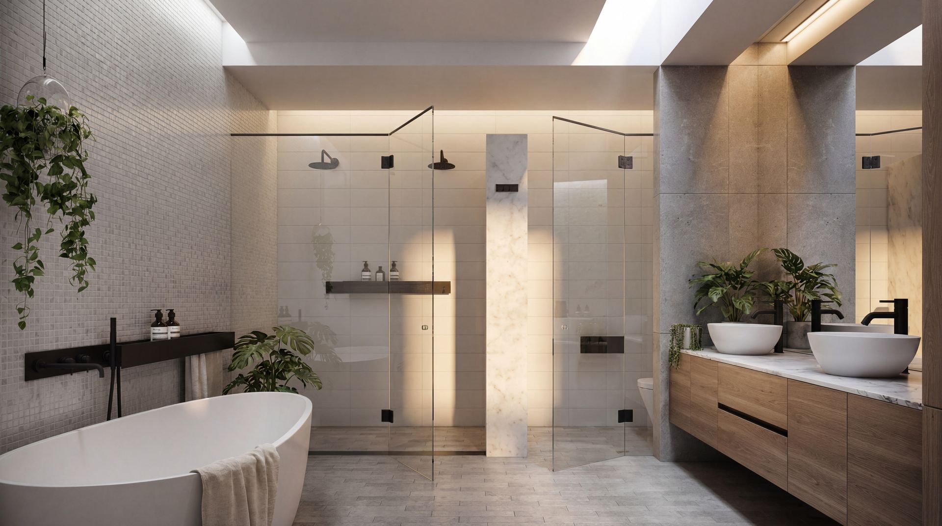 Modern spa bathroom with freestanding tub, glass shower, wooden vanity, and soft warm lighting