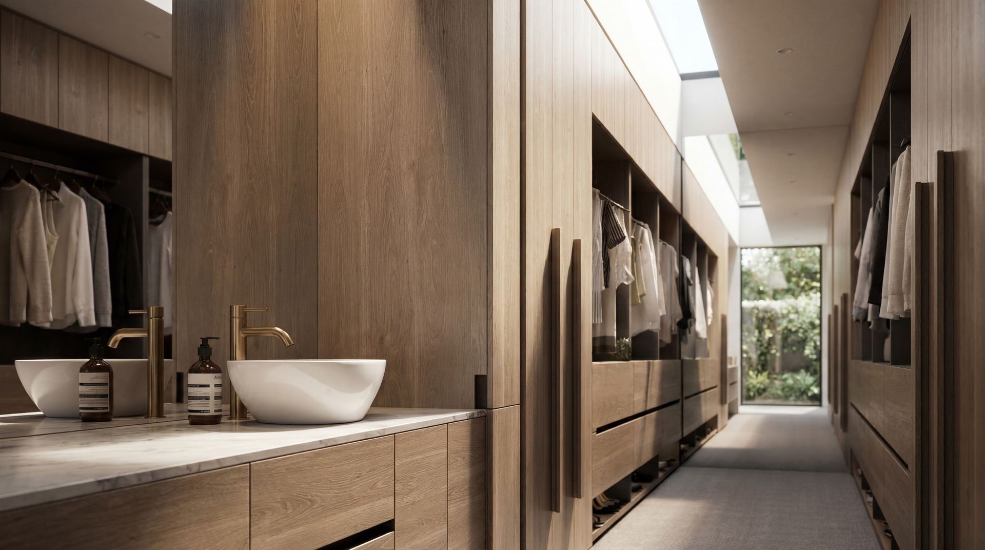 Modern walk-in closet with wood cabinetry, open shelves, and a vanity leading to a bright hallway view