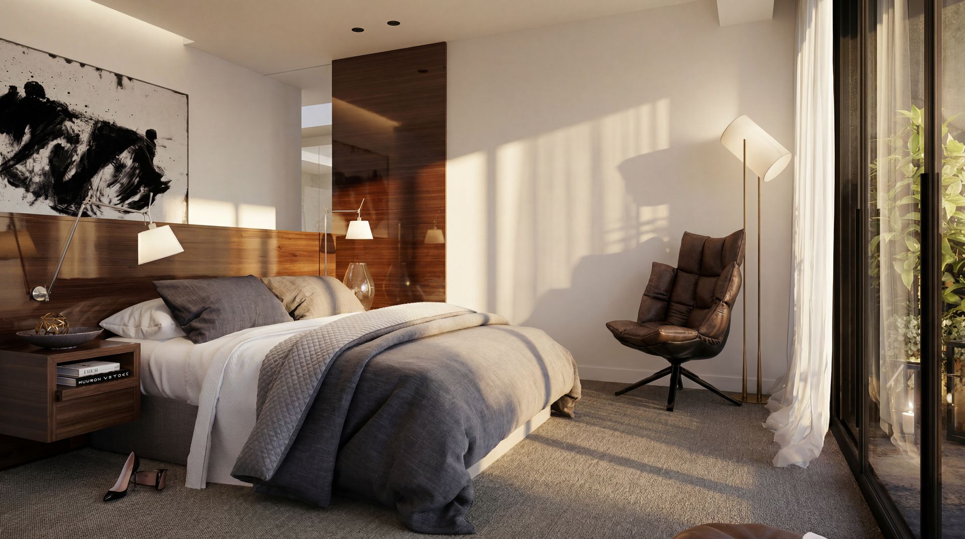 Modern bedroom with a bed, armchair, floor lamp, and sunlight streaming through large windows.