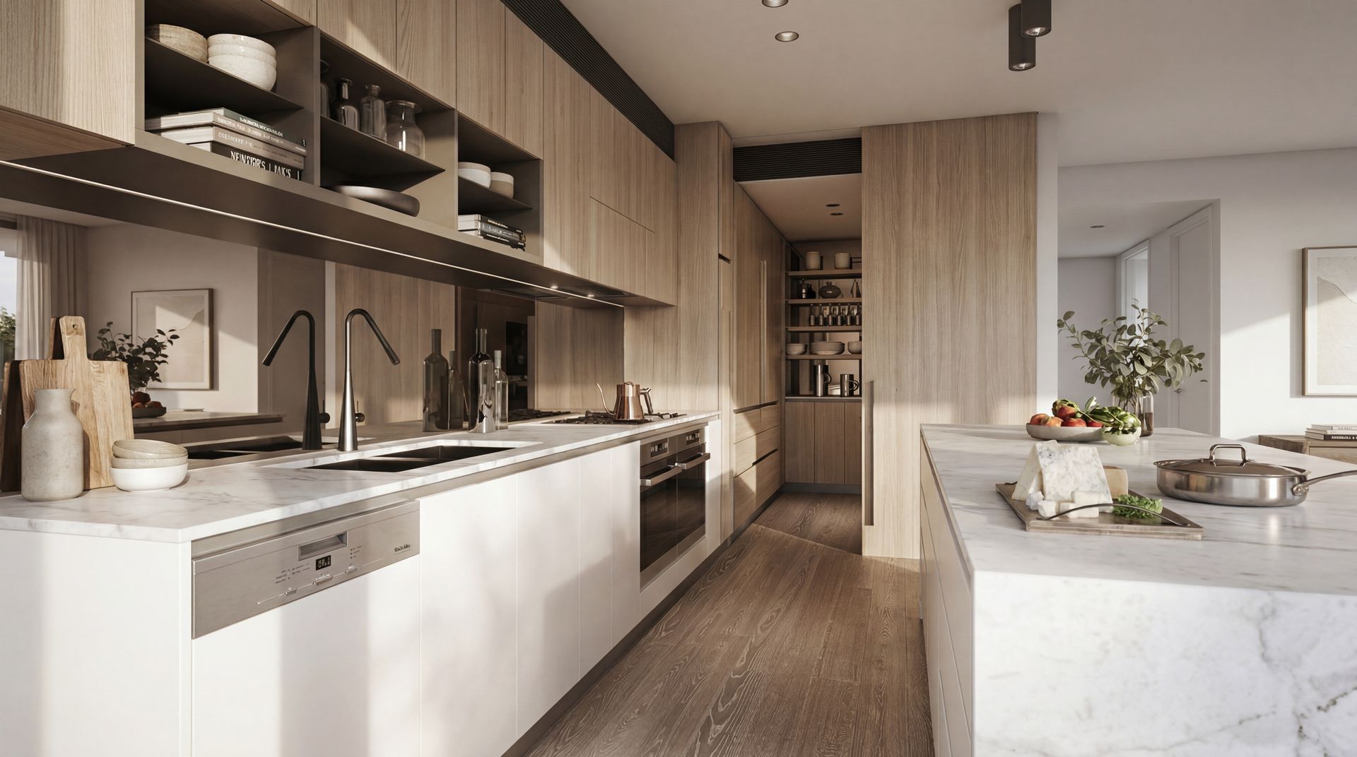 Modern open-plan kitchen with wood cabinets, white countertops, and an island in soft natural light