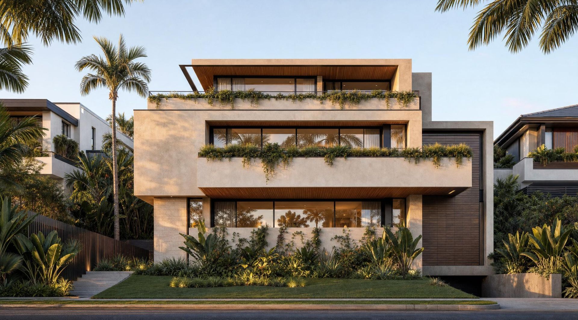 Modern three-story house with beige facade, large balconies, and rooftop greenery at sunset