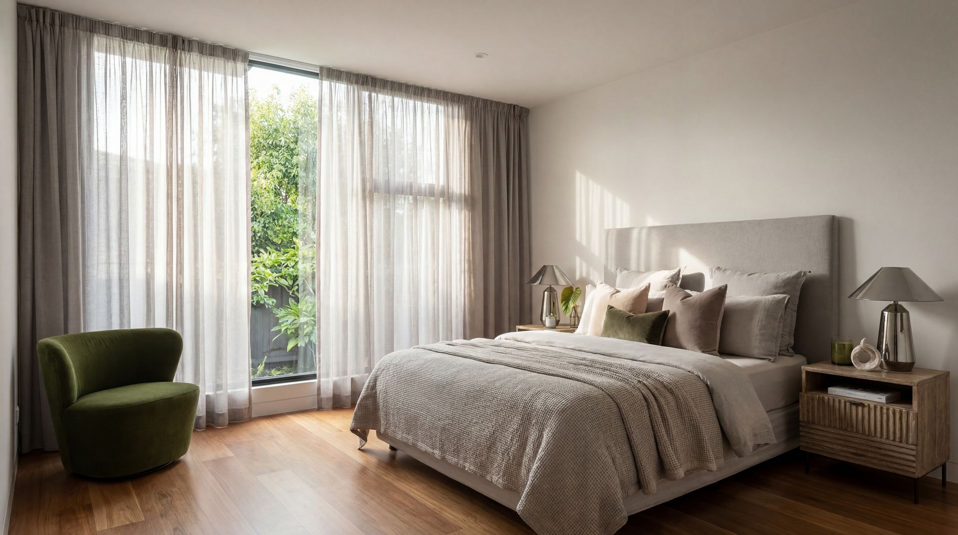 Bright minimalist bedroom with a bed, green chair, bedside table, and large sunlit windows