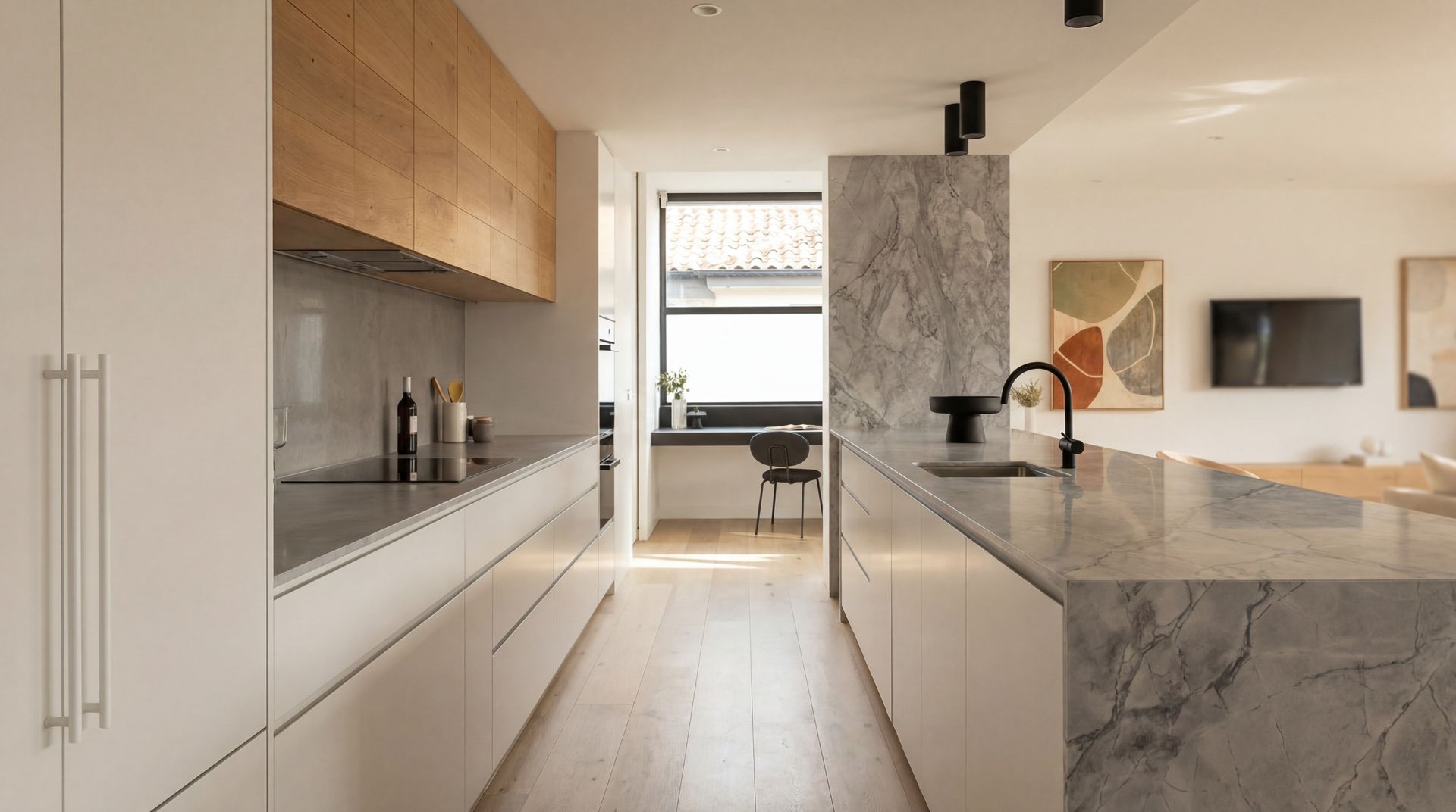 Modern minimalist kitchen with marble island, wood cabinets, and black pendant lights