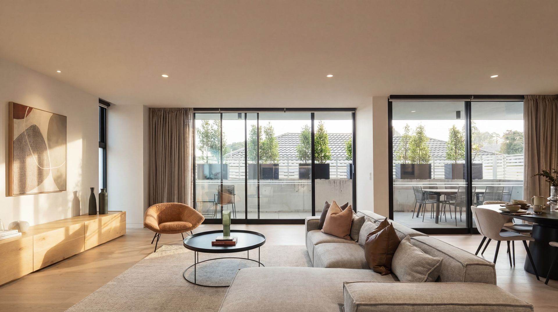 Bright modern living room with beige sofa, round coffee table, chair, and large floor-to-ceiling windows.