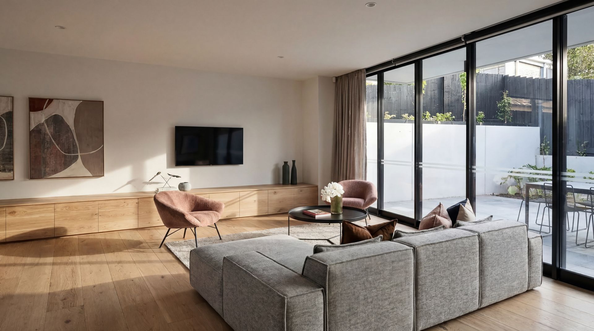 Modern living room with gray sectional, wooden floor, wall-mounted TV, and large sliding glass doors overlooking a patio