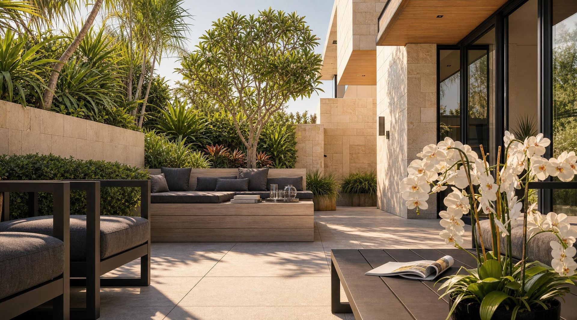 Modern outdoor patio with tiled floor, lounge seating, and white orchids in soft sunlight