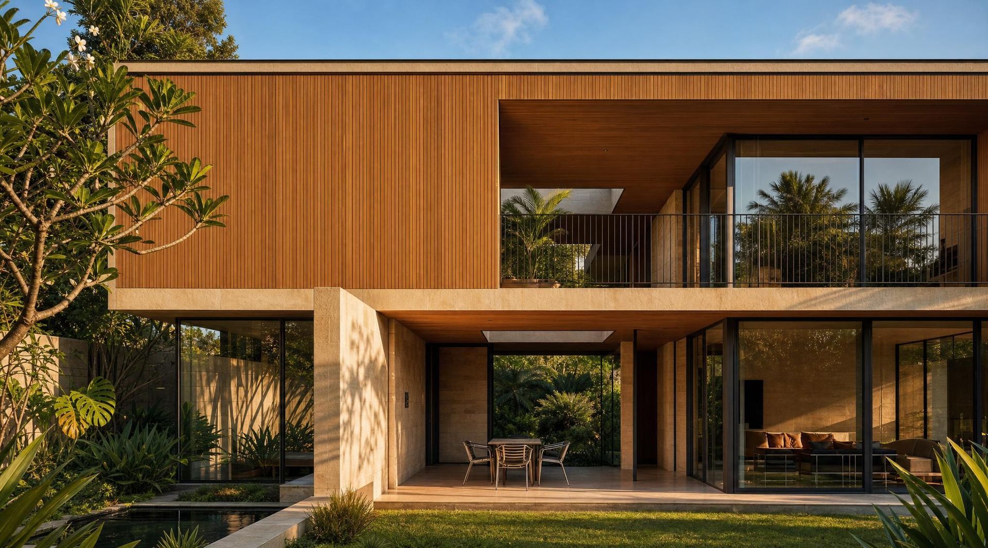 Modern concrete house with large windows, balcony, and outdoor patio in a landscaped yard