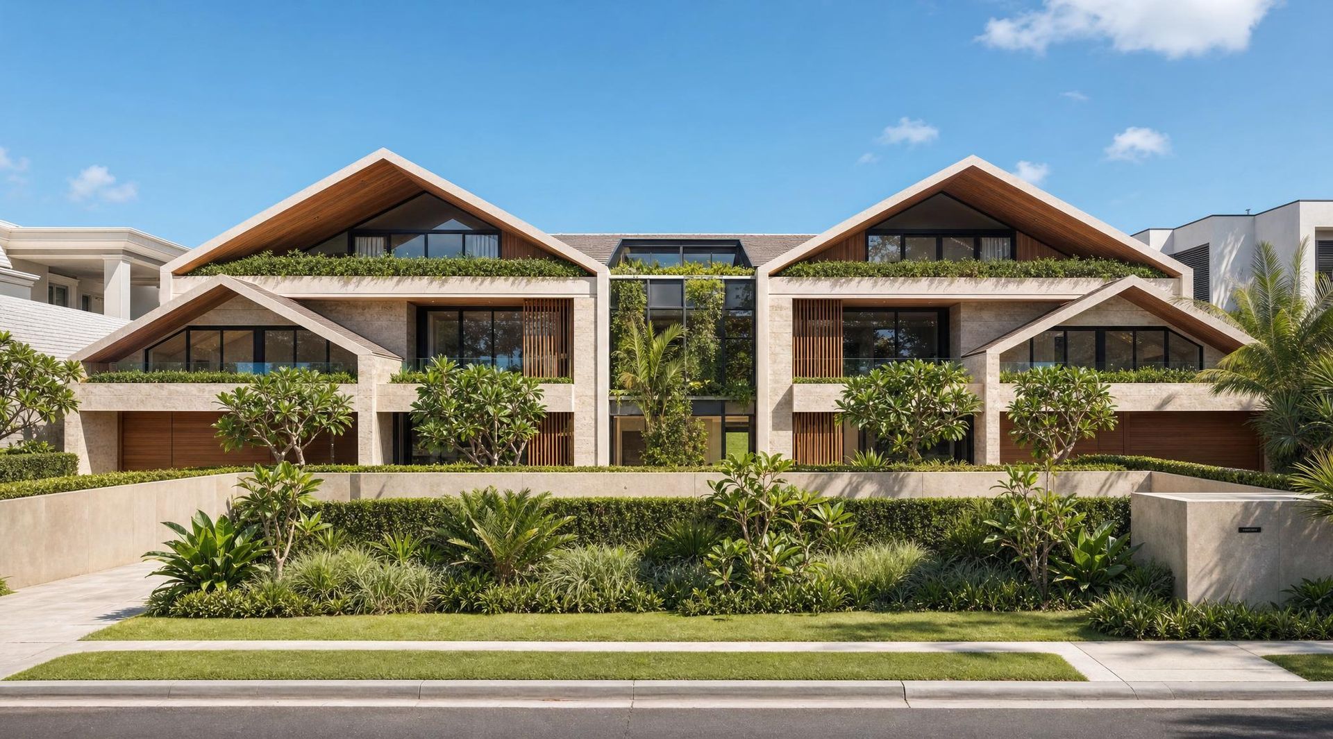 Modern two-story houses with white facades and wood roofs behind a landscaped garden and fence