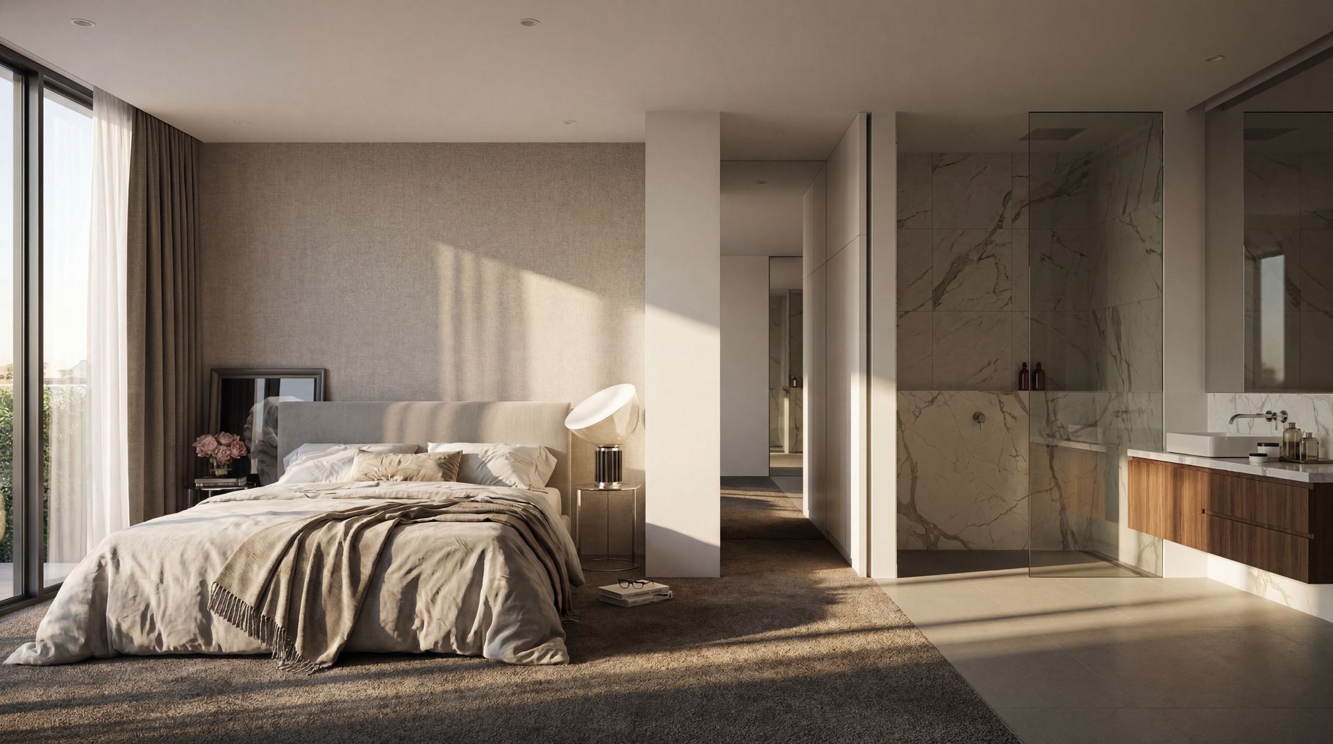 Sunlit modern bedroom with a bed, floor-to-ceiling windows, and an adjoining bathroom with marble finishes