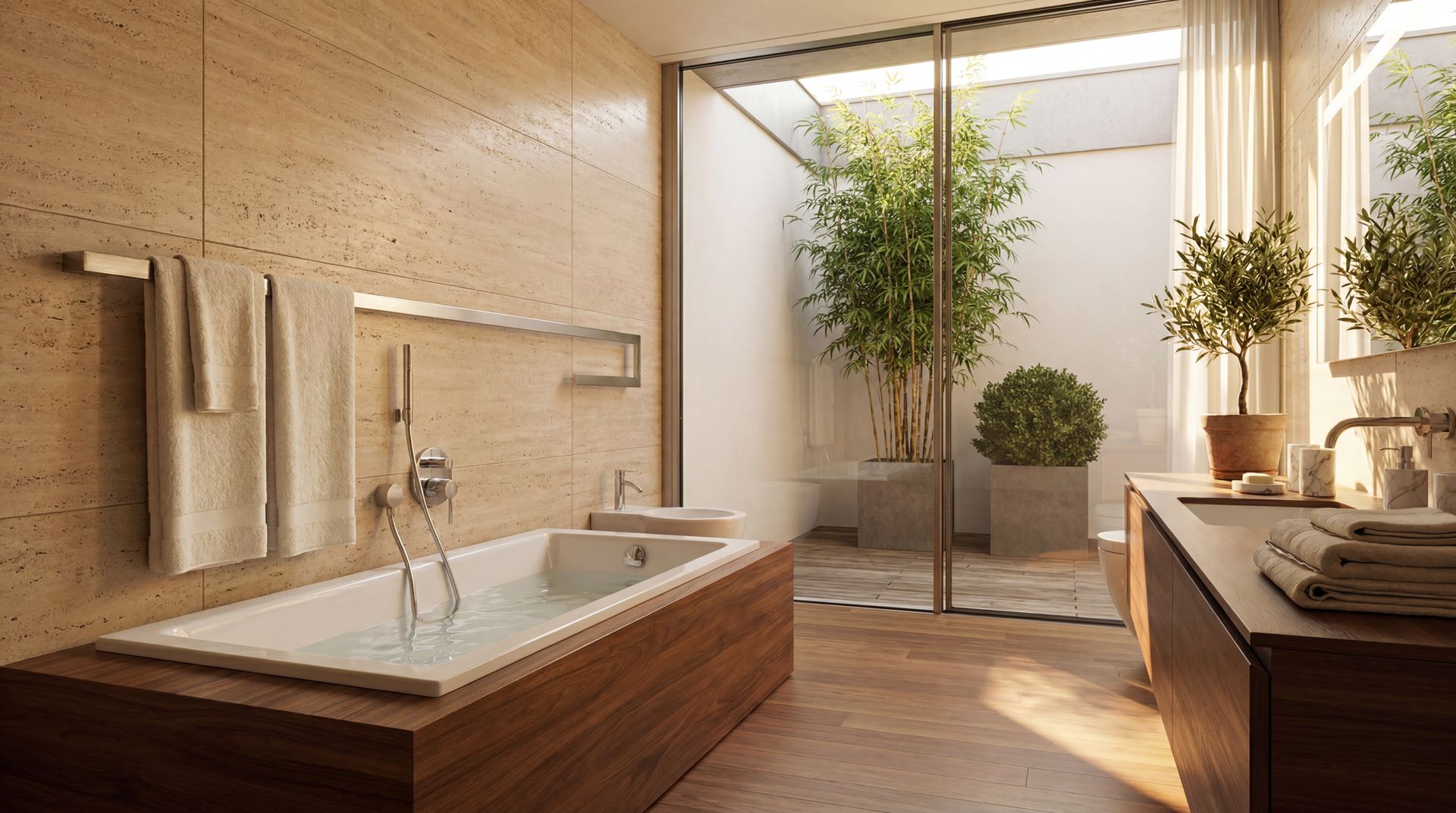 Modern spa bathroom with a wood soaking tub, stone sink, and sunlit indoor plants