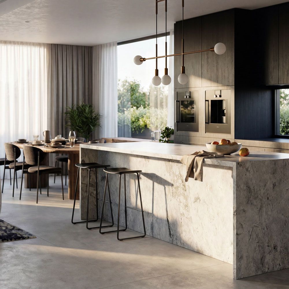 Modern open-plan kitchen and dining area with marble island, pendant lights, and large windows