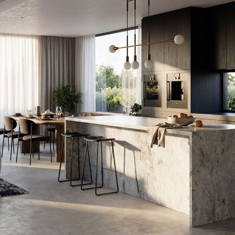 Modern open-plan kitchen and dining area with marble island, pendant lights, and large windows