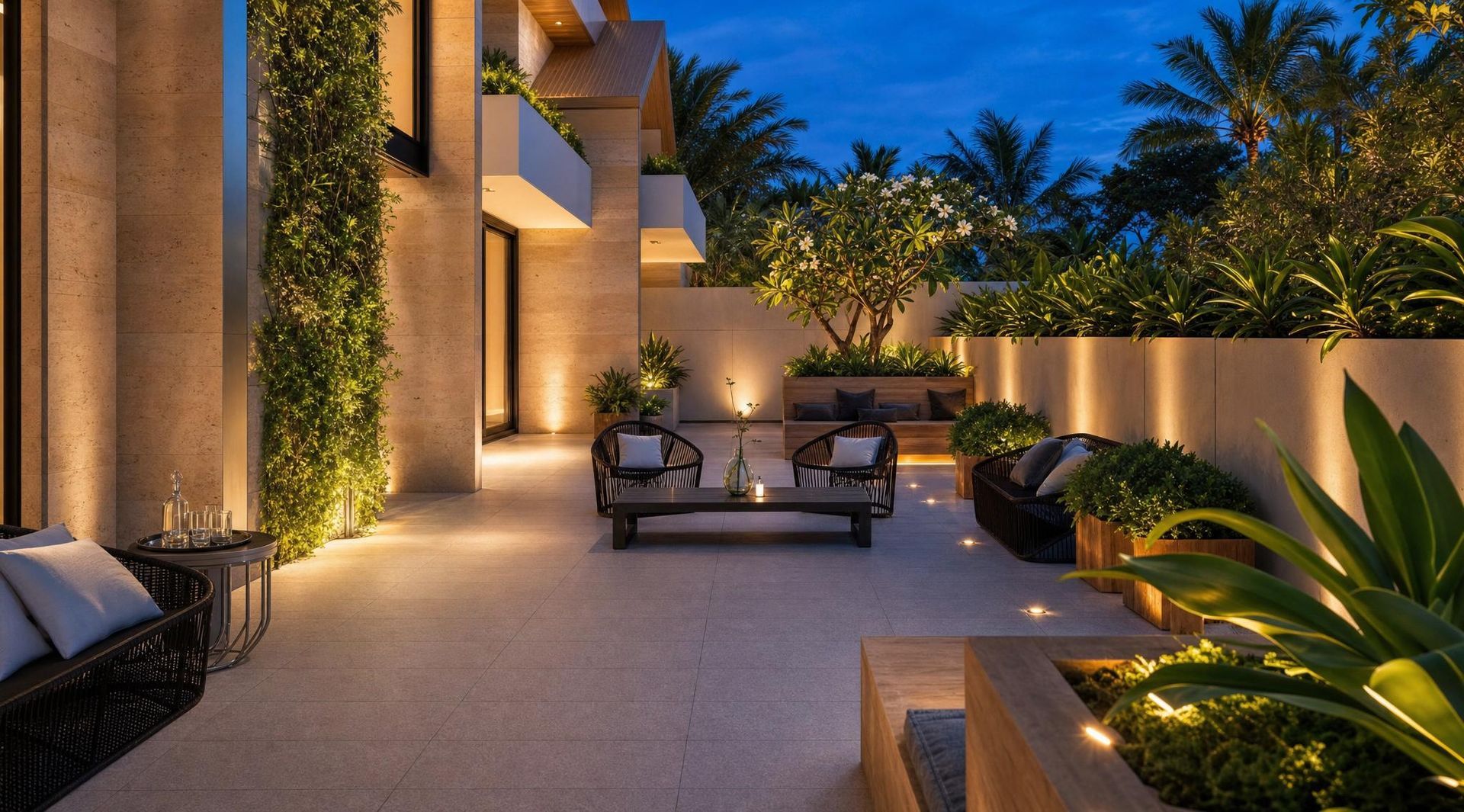 Modern outdoor terrace with lounge chairs, potted greenery, and a stone patio beside a building