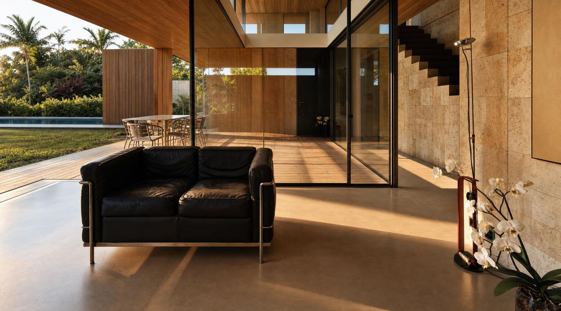 Modern living room with a black sofa, glass walls, and a view of a terrace and staircase.