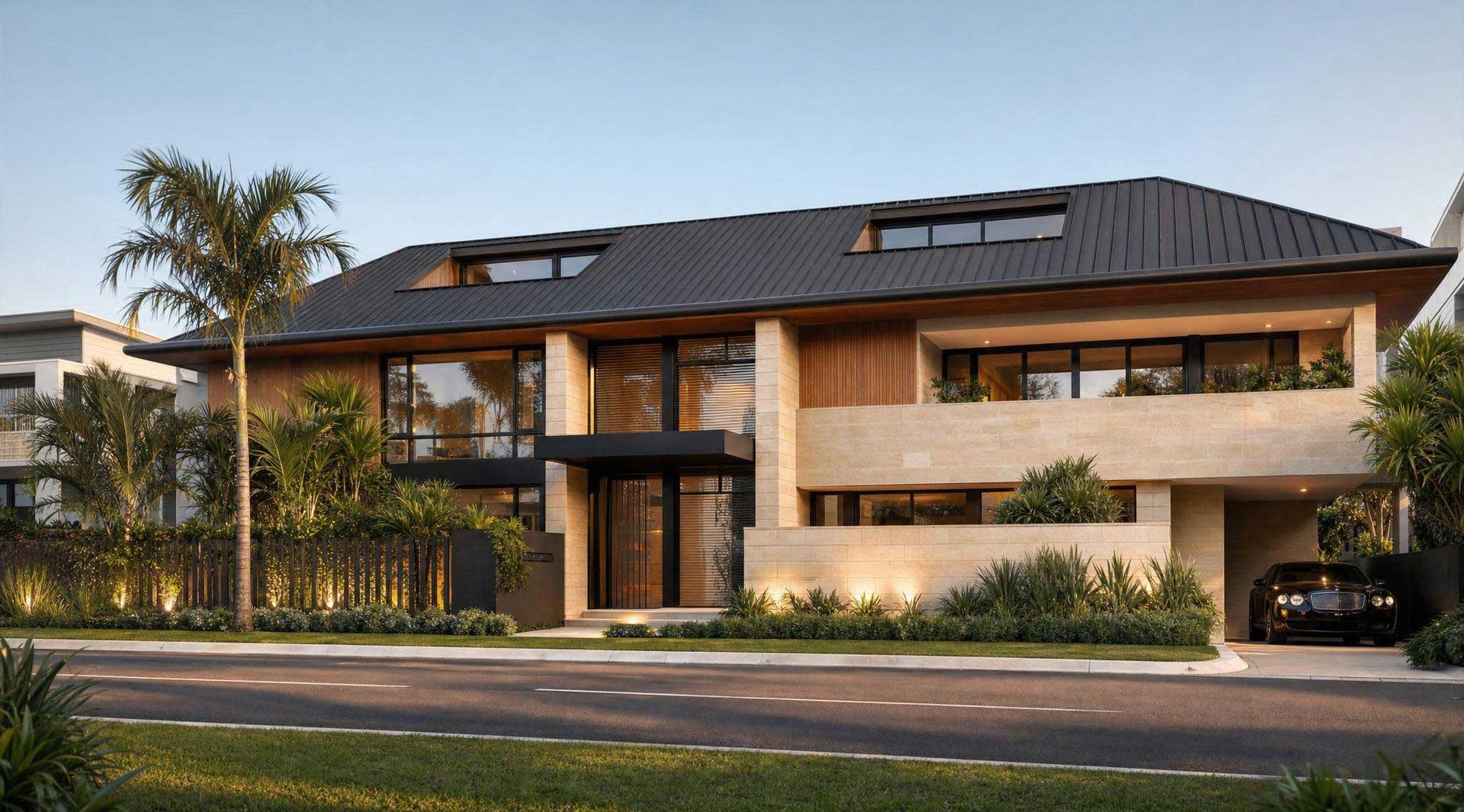 Modern two-story house with large windows, dark roof, and driveway lined by trees
