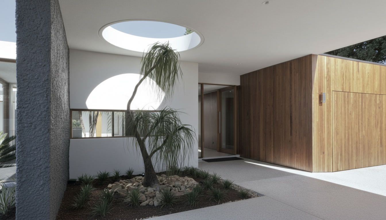 Modern minimalist courtyard with white circular skylights, hanging greenery, and wood-clad walls
