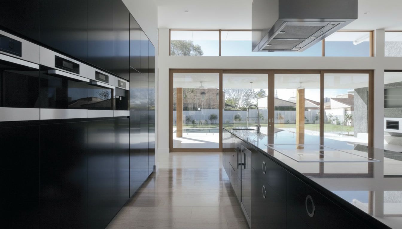 Modern kitchen with dark cabinets and large windows overlooking a snowy outdoor view