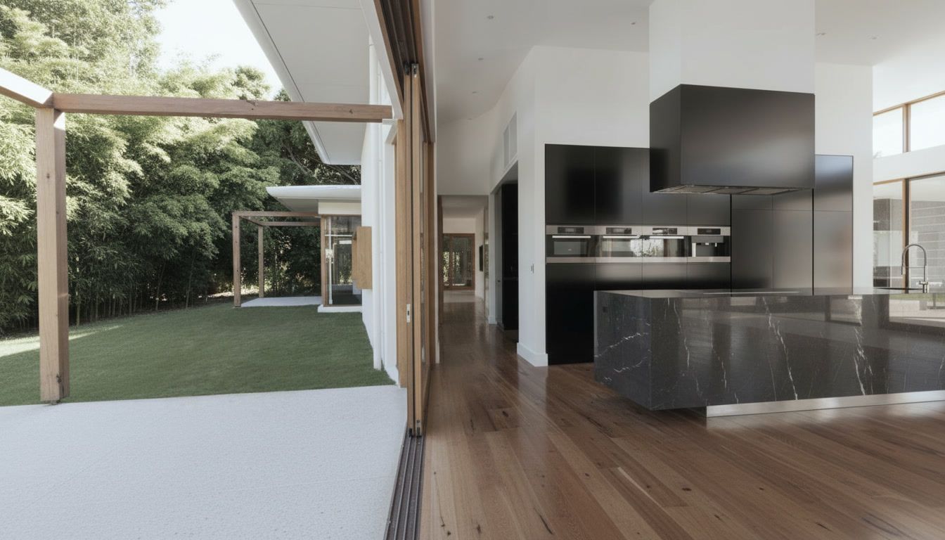 Modern open-plan interior with black kitchen, wood floors, and a patio opening to a green backyard