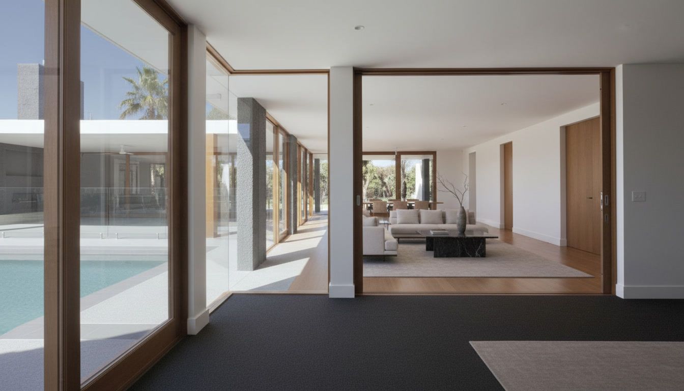 Modern open living room with floor-to-ceiling glass walls and a view of a swimming pool outdoors