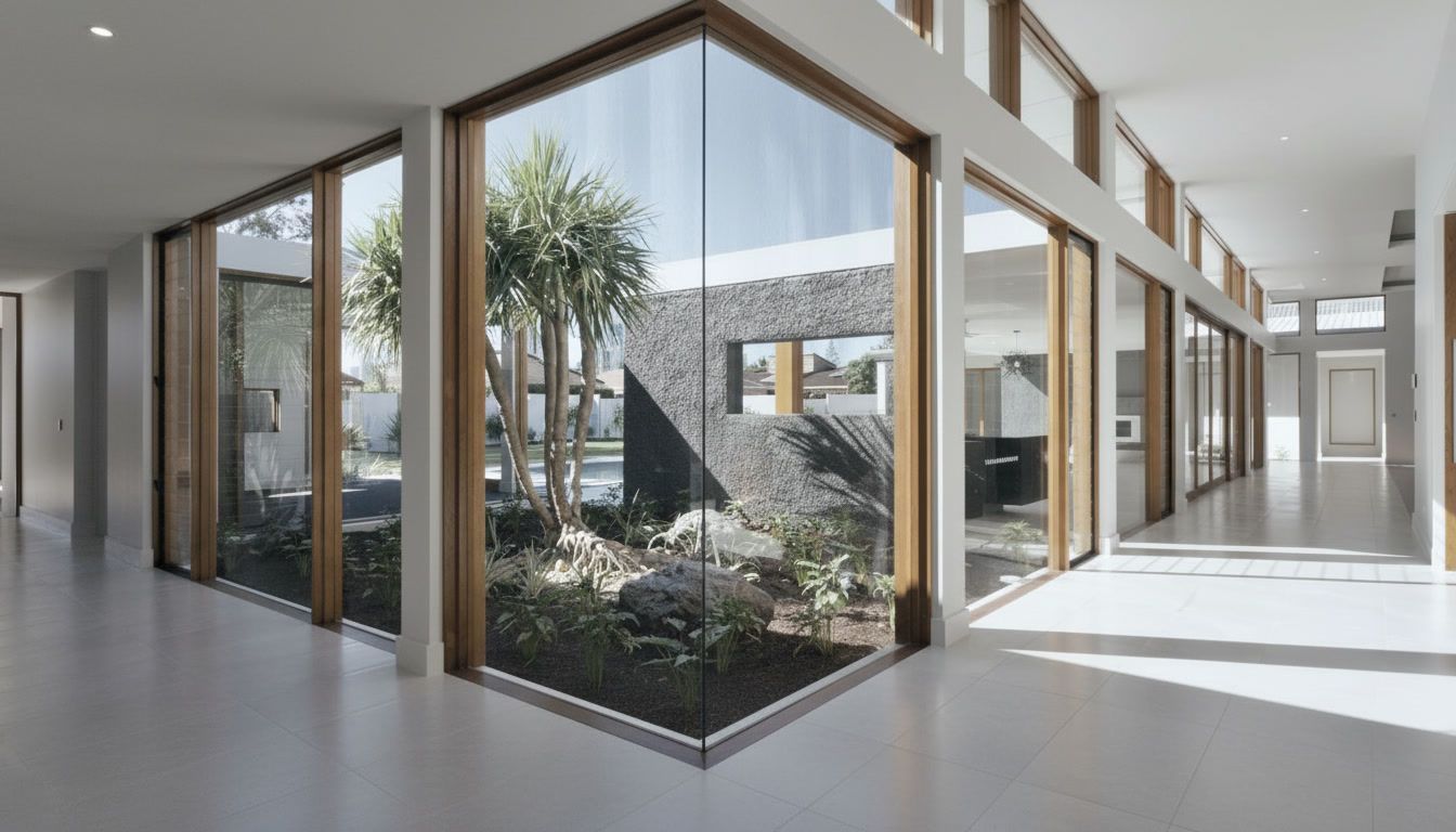 Modern glass-walled hallway with indoor courtyard and bright natural light