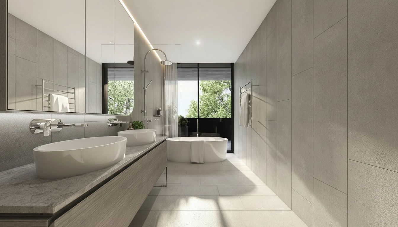 Bright modern bathroom with freestanding tub, double sink, gray tile, and large window view