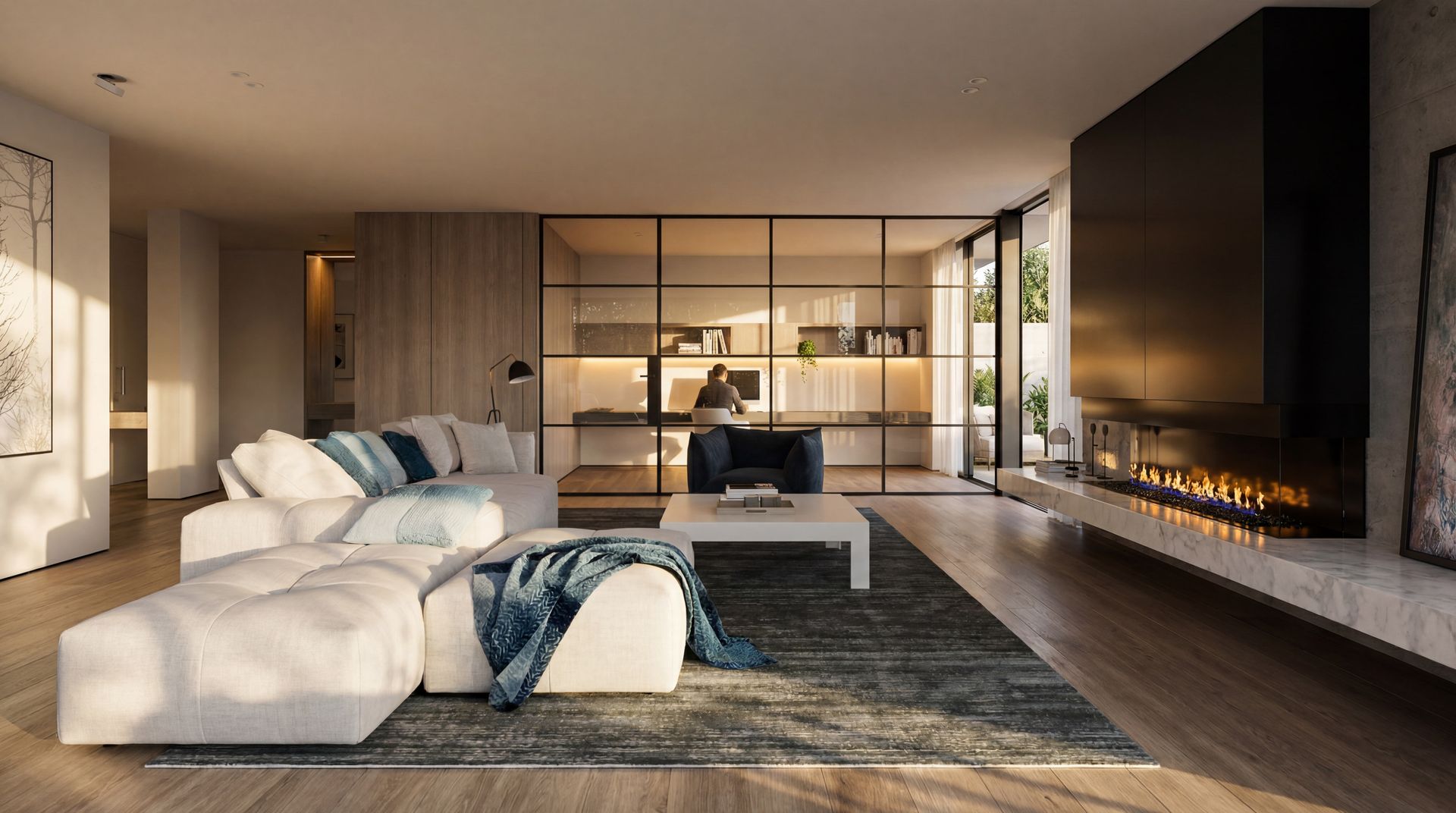 Modern luxury living room with sectional sofa, rug, coffee table, and long wall-mounted fireplace