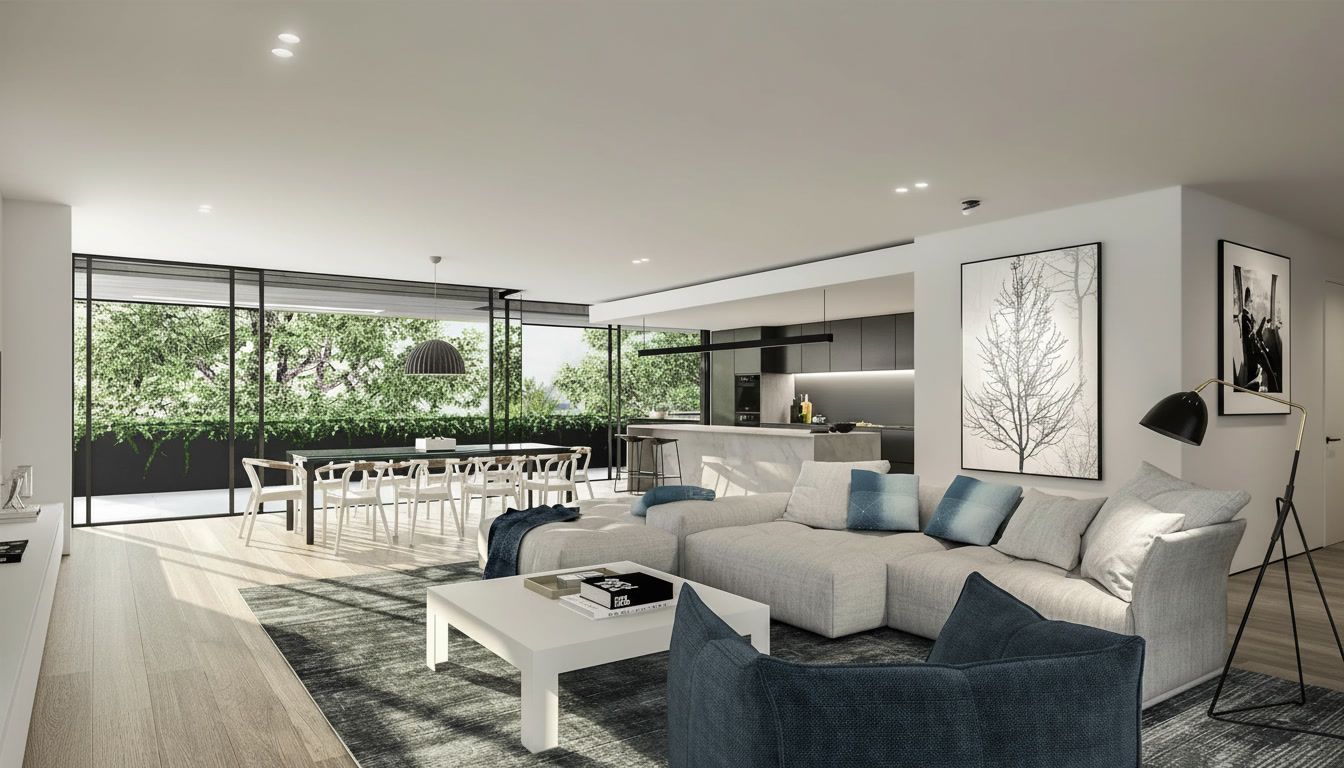 Modern open-plan living room with white and gray sofas, dining area, and large windows overlooking greenery