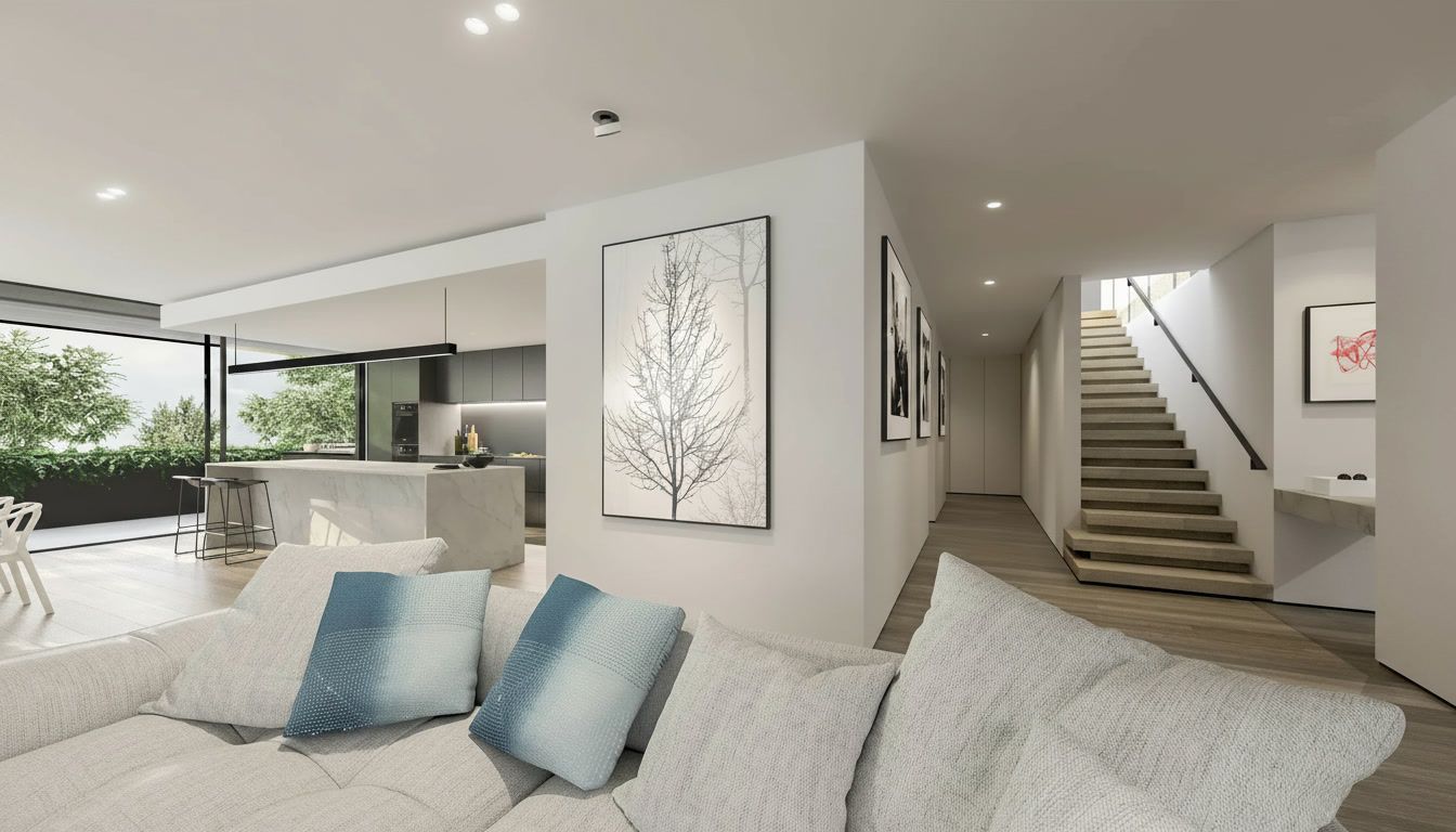 Bright modern living room with white sofa, blue pillows, staircase, and wall art