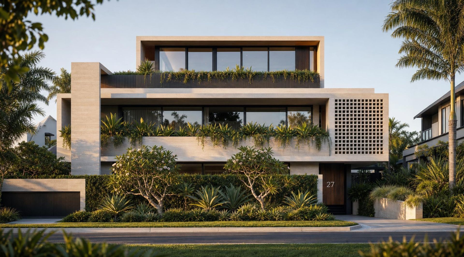 Modern white multi-story house with greenery, large windows, and a rooftop terrace behind trees