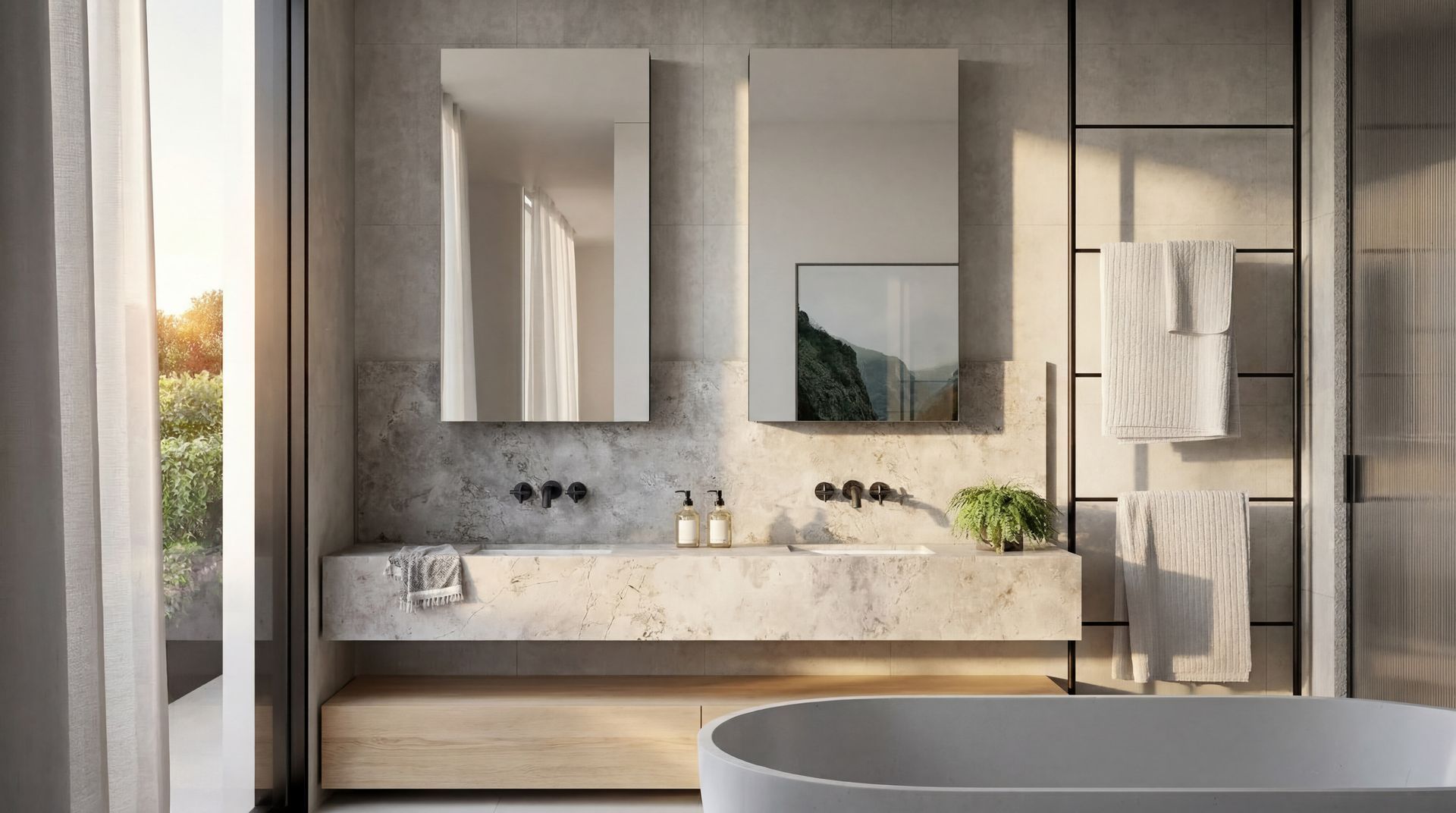 Modern bathroom with double vanity, mirrors, marble sink, glass shower, and a freestanding tub by a window