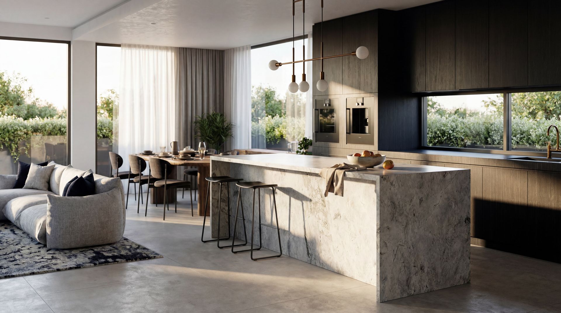 Modern open-plan living room with kitchen island, large windows, and neutral minimalist decor
