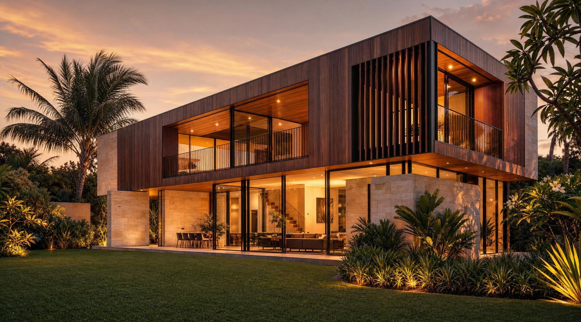 Modern two-story glass house at dusk with warm interior lights and a reflecting pool in front