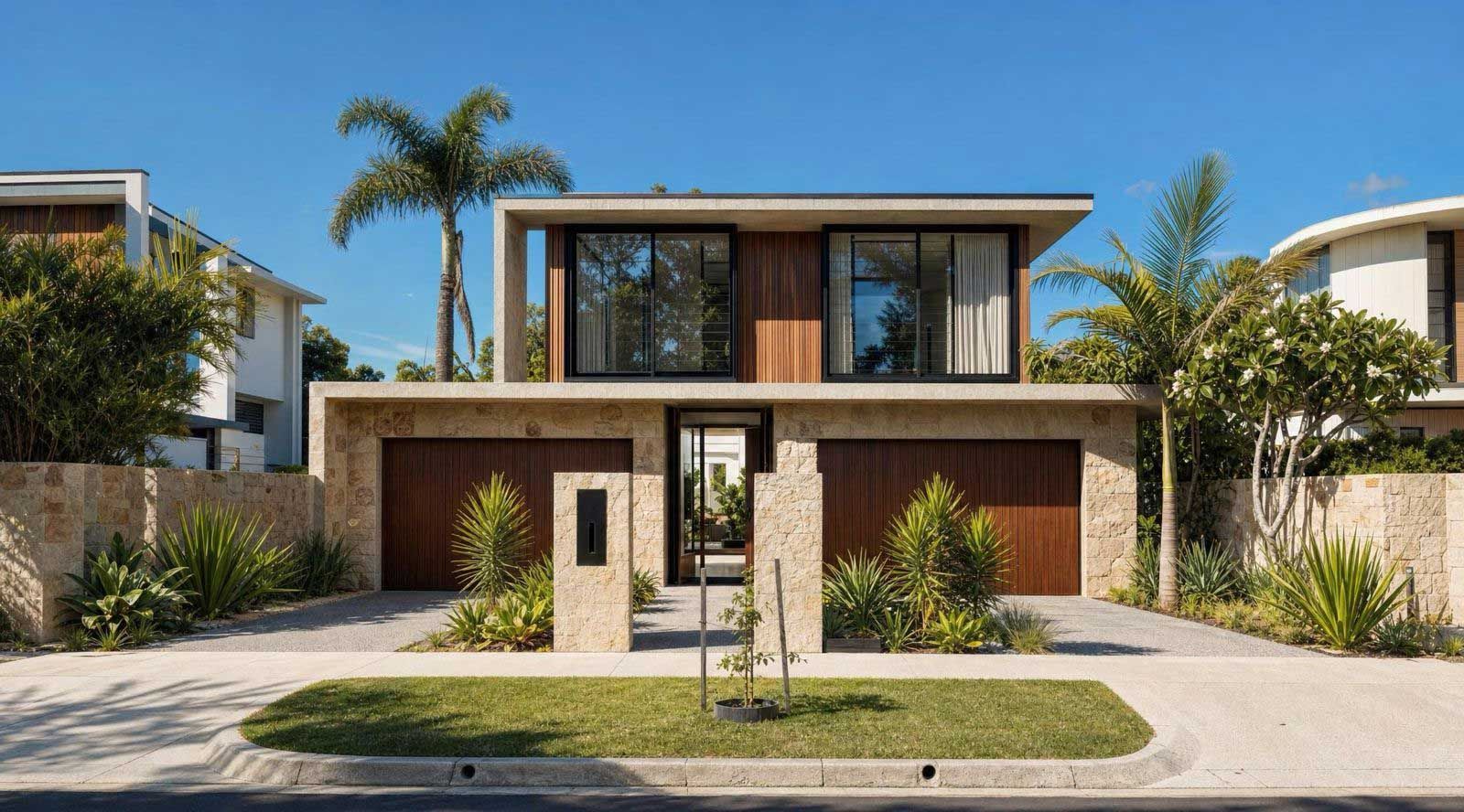 Modern luxury villa terrace with pool, lounge seating, and reflective water