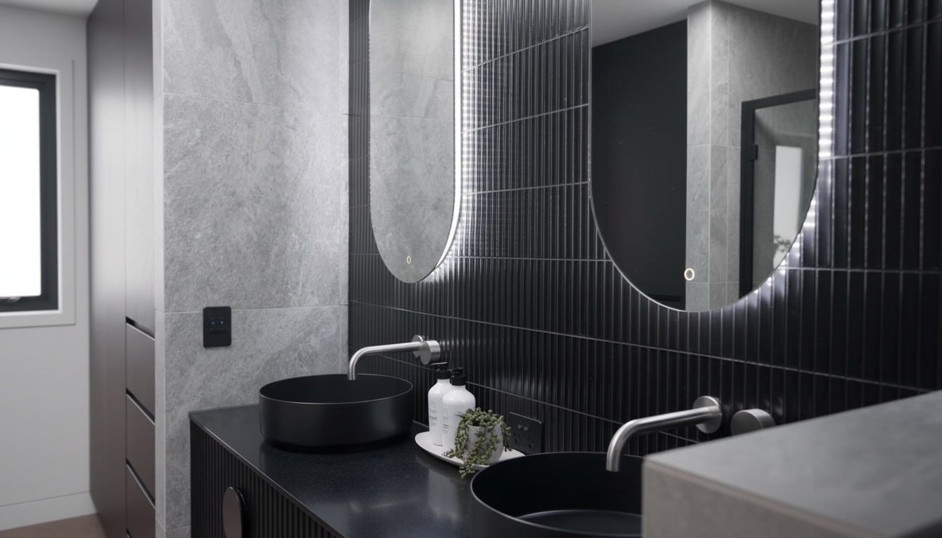 Modern bathroom vanity with black sink, round mirrors, and textured gray walls