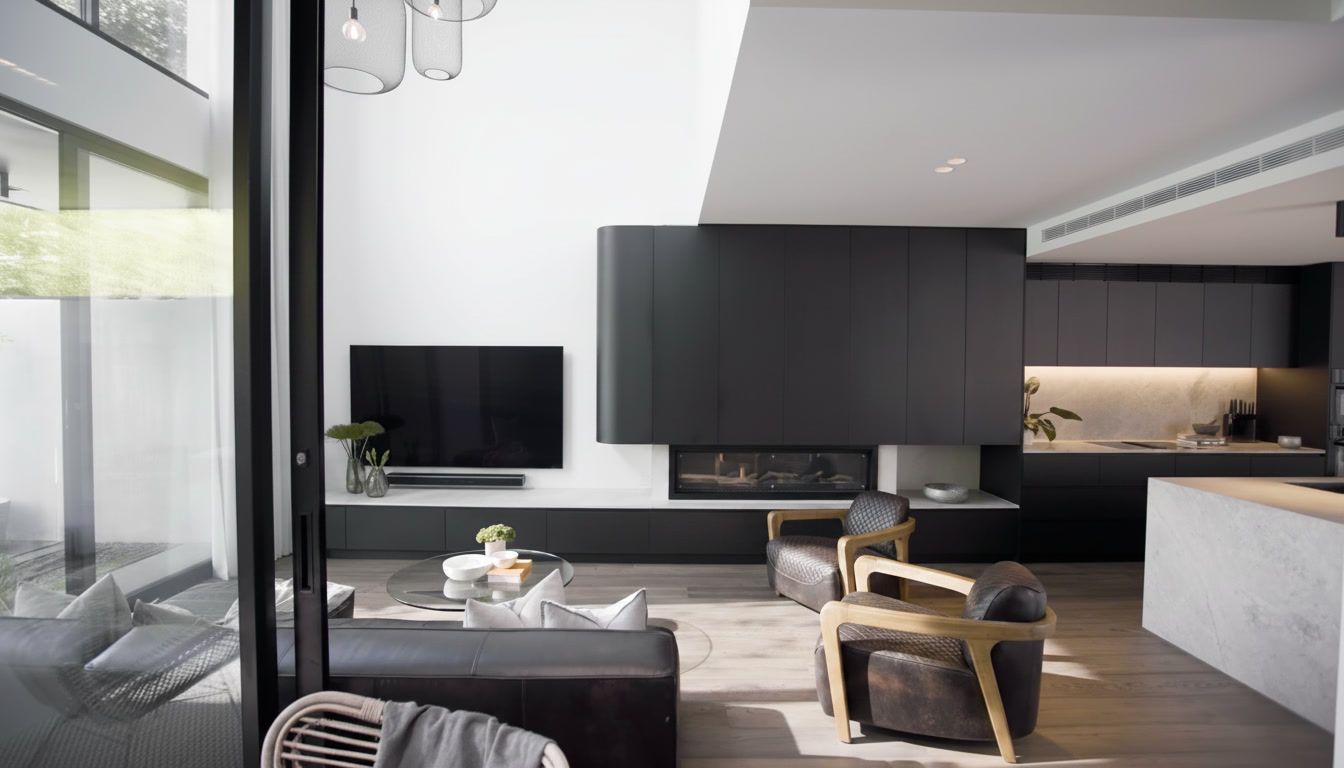 Modern open-plan living room with gray sofa, TV, dark cabinets, and large windows with city view