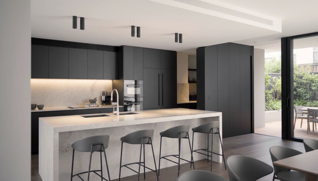 Modern kitchen with dark cabinets, marble island, bar stools, and large windows overlooking greenery