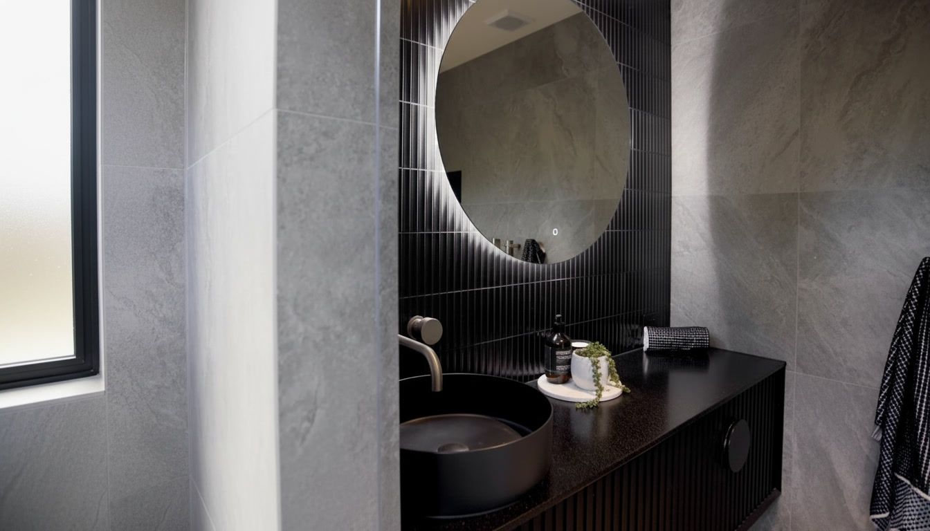 Modern black vanity with round mirror, sink, and toiletries in a gray bathroom