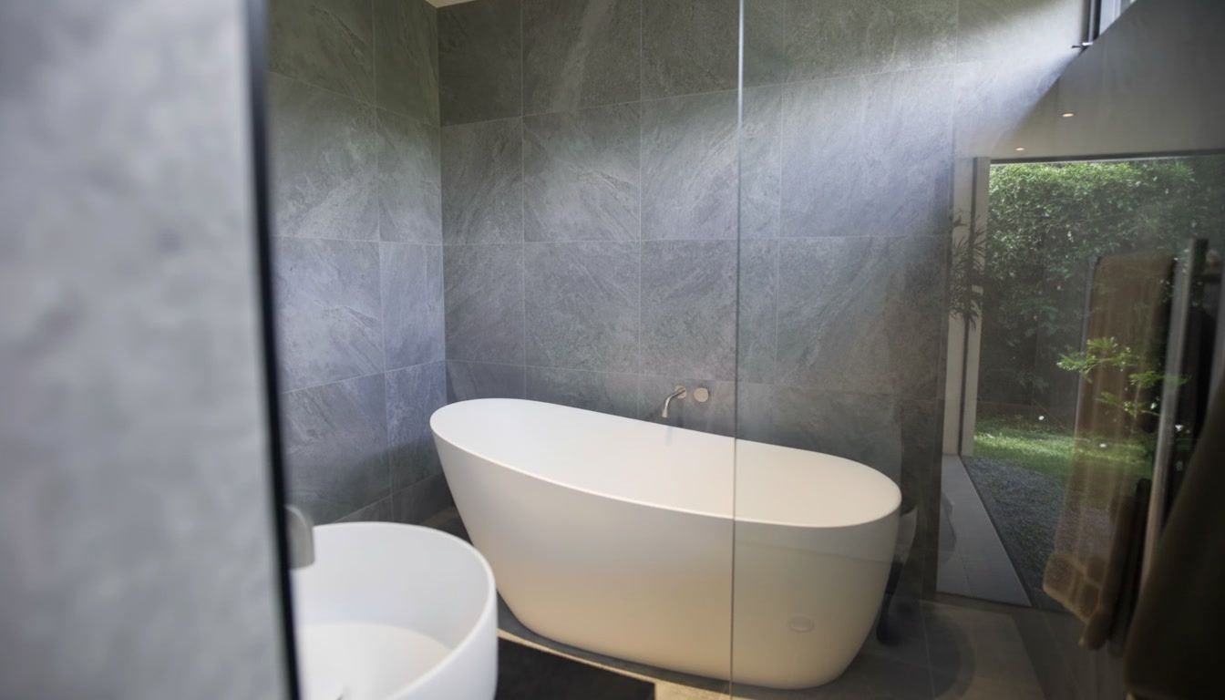 Modern bathroom with a freestanding white tub, gray walls, and a glass shower by a window.