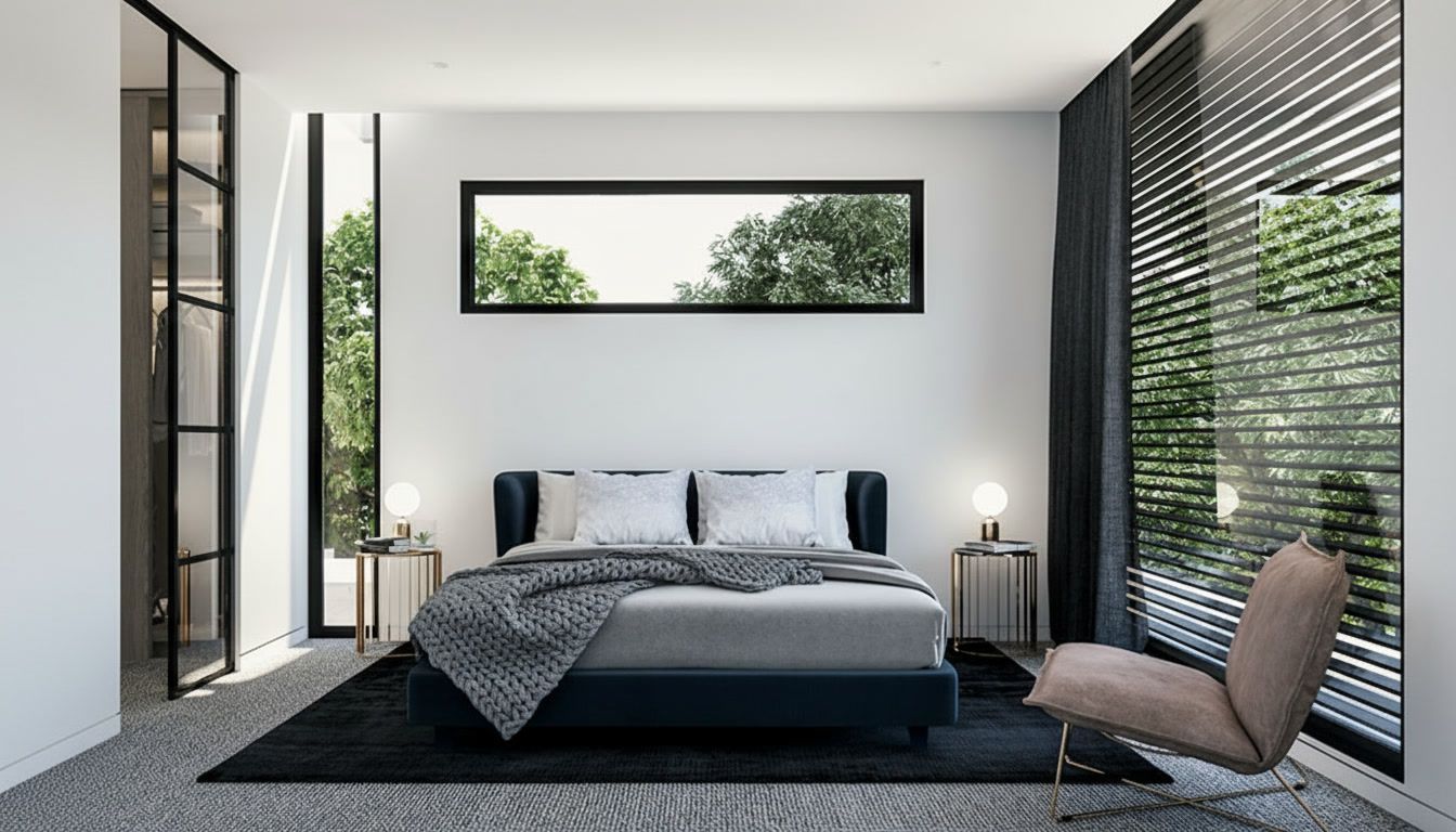 Modern minimalist bedroom with a low bed, black rug, large windows, and a view of greenery.