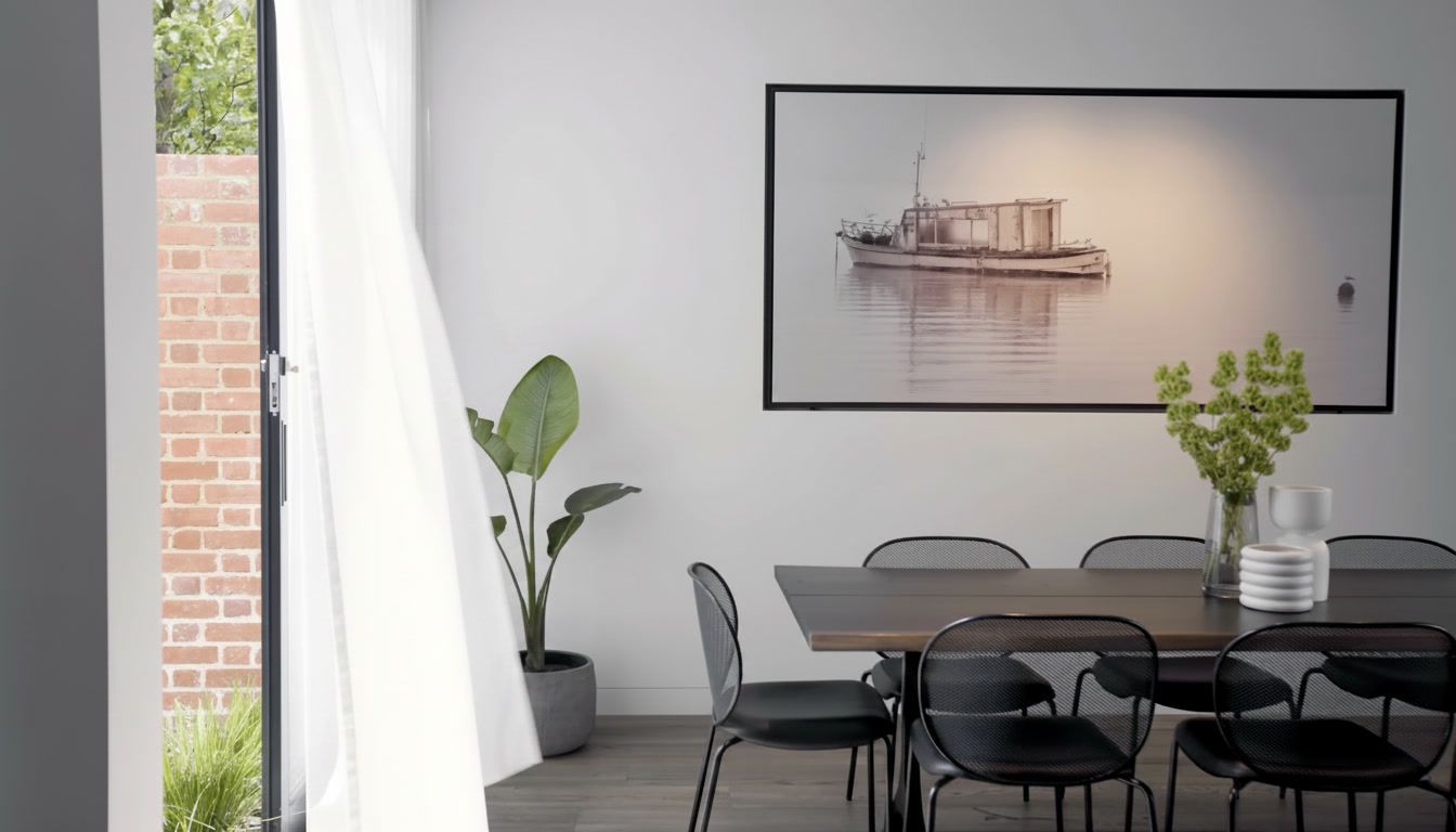 Modern dining room with a dark table, black chairs, potted plants, and a framed wall print.